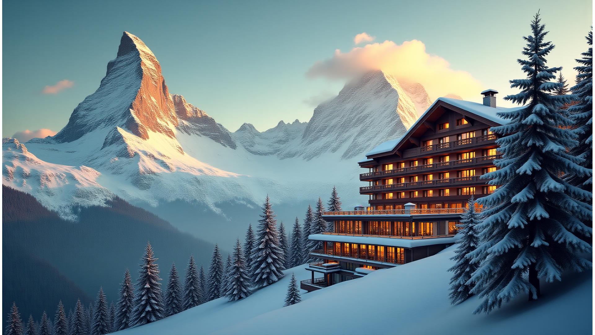 Majestätischer Blick auf das Matterhorn und das Alpenblick Hotel im Sonnenuntergang
