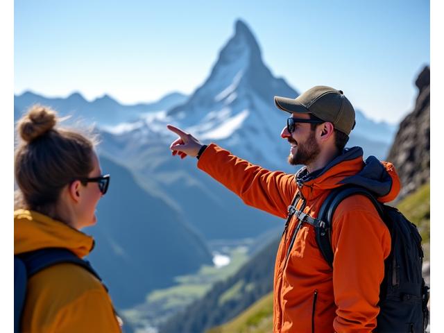 Bergführer hilft Wanderern im Hintergrund des Matterhorns