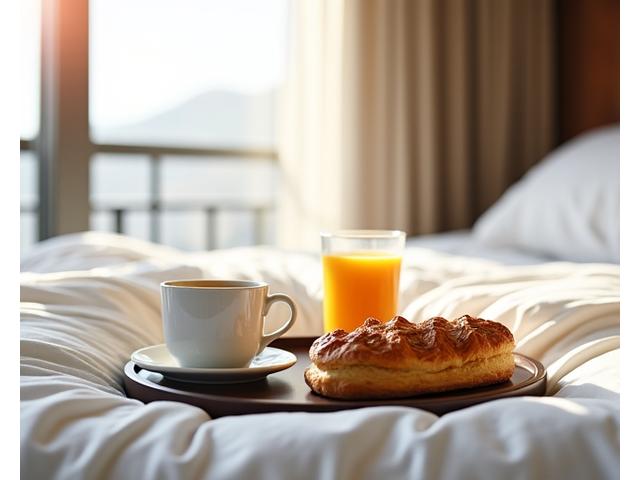 Frühstück auf einem Serviertablett im Bett eines luxuriösen Hotelzimmers