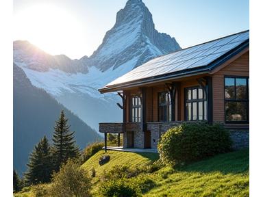 Hotel mit Solarpaneelen auf dem Dach und schneebedeckten Alpen im Hintergrund