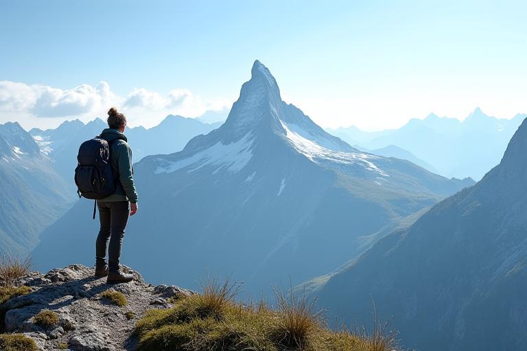 Alleine wandernder Reisender genießt die Aussicht auf die Berge